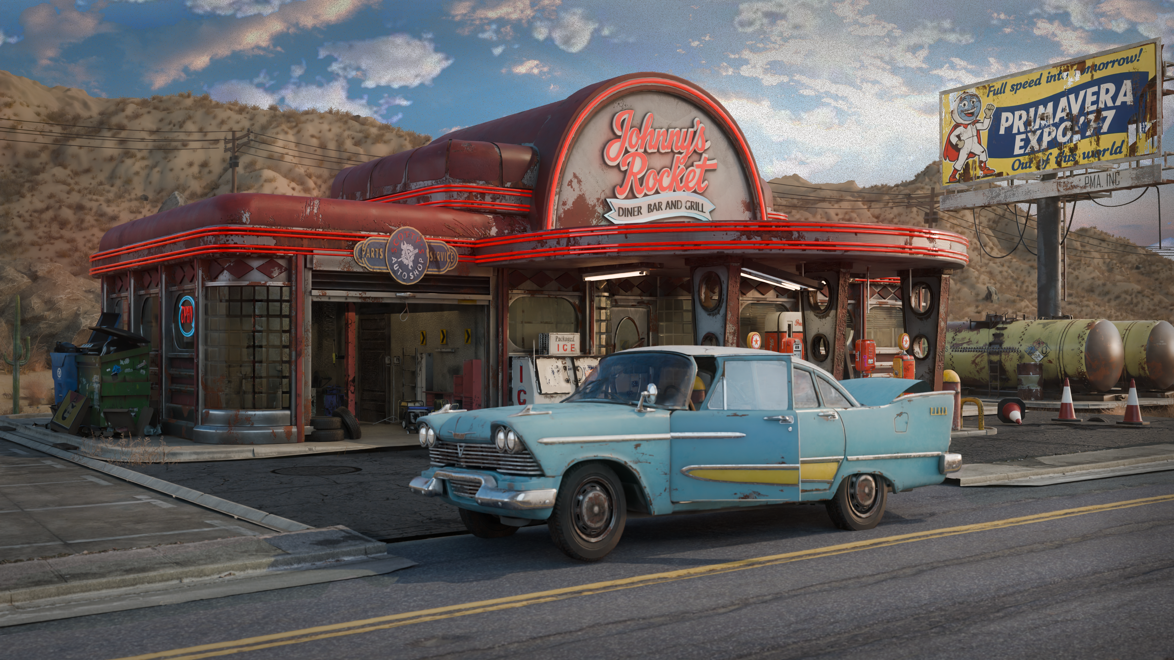 Retro-Futuristic Gas Station Overview